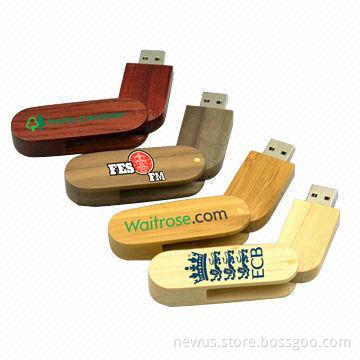 USB Flash Drives with Wooden Shell and Rotatable Cap, 256MB to 8GB Capacity, Plug-and-play Function